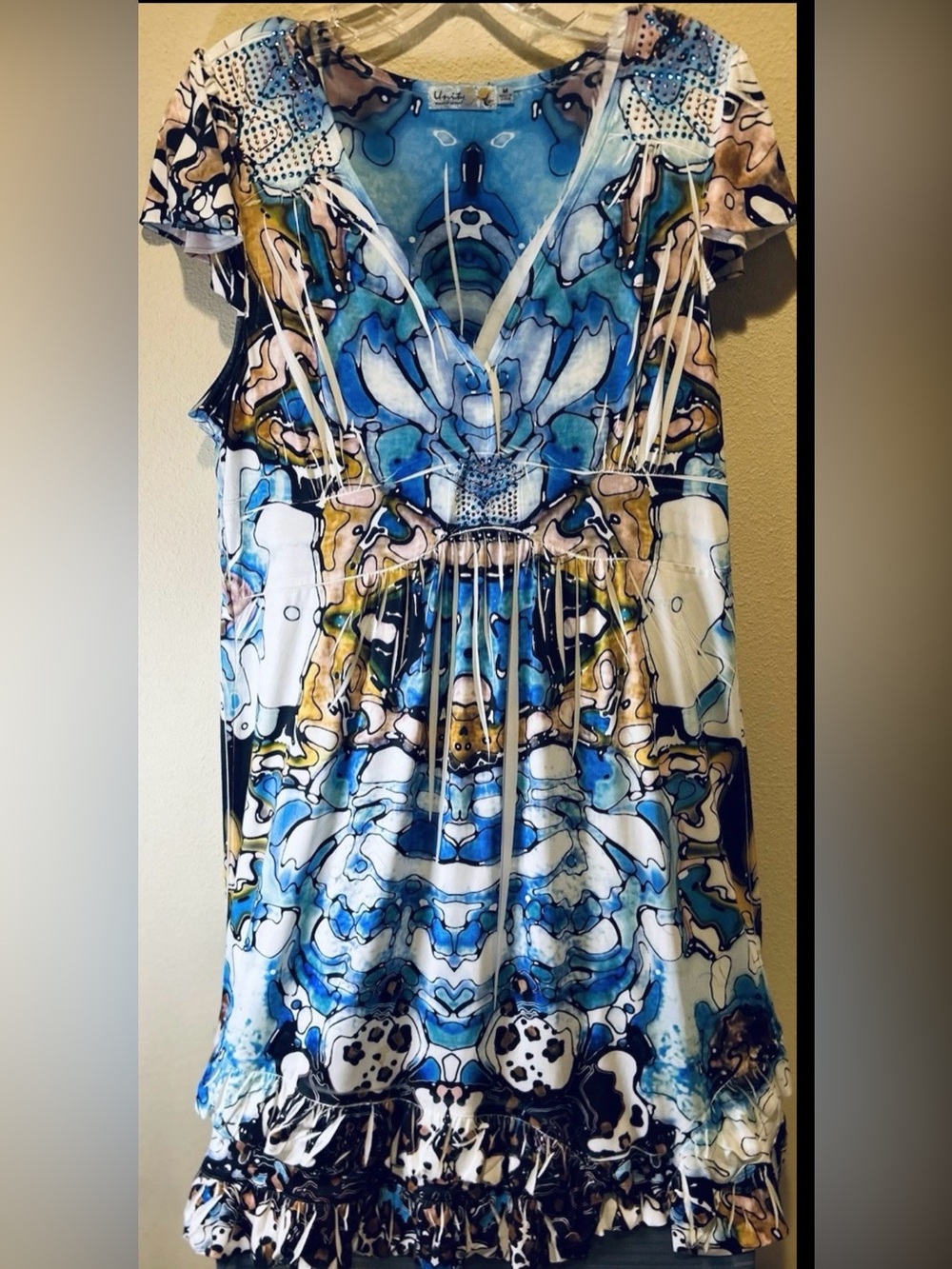 Unity World Wear Size M Blue Abstract Print Embellished V-Neck Ruffle Hem Dress